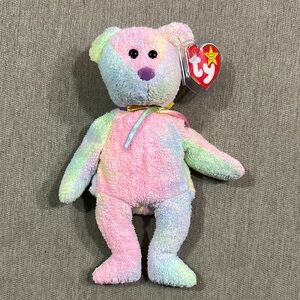Ty Beanie Baby Groovy Pink and Green Stuffed Animal Bear